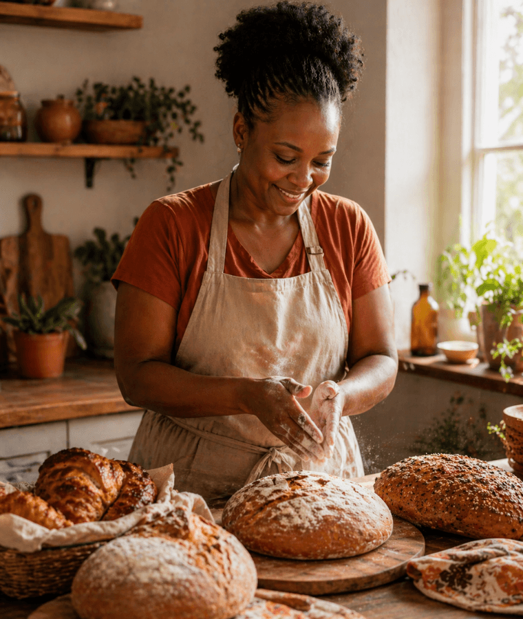 A home-based maker surrounded by her handmade products